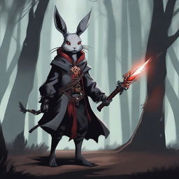 A skinny male humanoid rabbit warlock with grey skin and red eyes stands in a dark, mystical forest