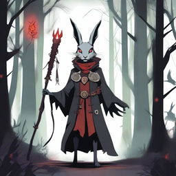 A skinny male humanoid rabbit warlock with grey skin and red eyes stands in a dark, mystical forest