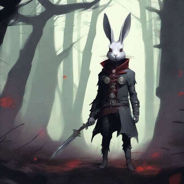 A skinny male humanoid rabbit with grey skin and red eyes stands in a dark, mystical forest