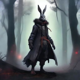 A skinny male humanoid rabbit with grey skin and red eyes stands in a dark, mystical forest