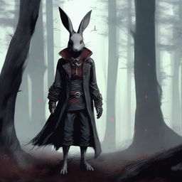 A skinny male humanoid rabbit with grey skin and red eyes stands in a dark, mystical forest