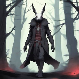 A skinny male humanoid rabbit with grey skin and red eyes stands in a dark, mystical forest