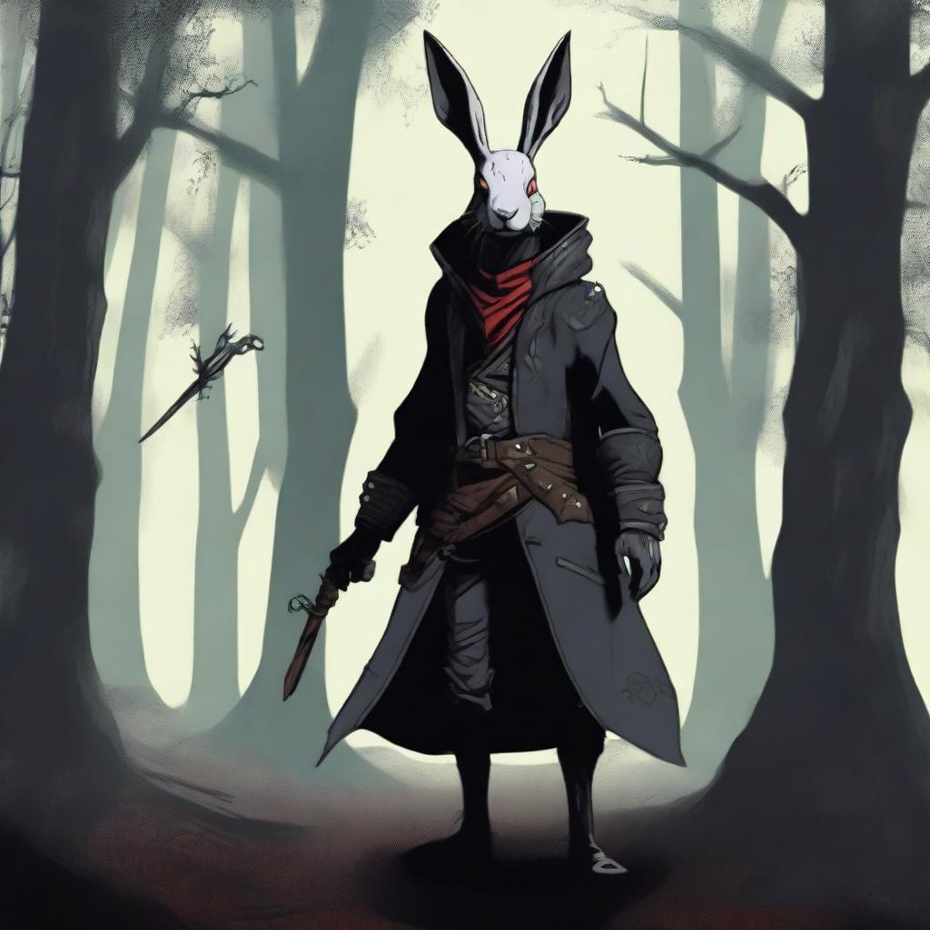 A skinny male humanoid rabbit with dark grey skin and red eyes stands in a dark, mystical forest