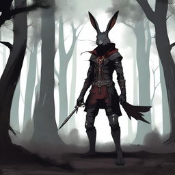 A skinny male humanoid rabbit with dark grey skin and red eyes stands in a dark, mystical forest