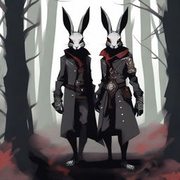 A skinny male humanoid rabbit with dark grey skin and red eyes stands in a dark, mystical forest