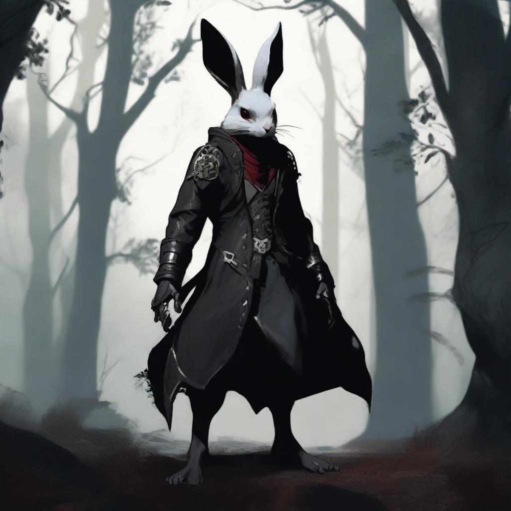 A skinny male humanoid rabbit with dark grey skin and red eyes stands in a dark, mystical forest