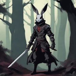 A skinny male humanoid rabbit with dark grey skin and red eyes stands in a dark, mystical forest