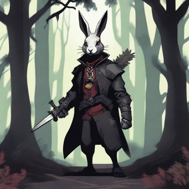 A skinny male humanoid rabbit with dark grey skin and red eyes stands in a dark, mystical forest