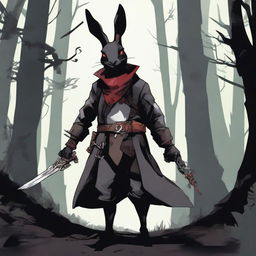 A skinny male humanoid rabbit with dark grey skin and red eyes stands in a dark, mystical forest