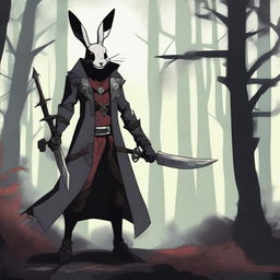 A skinny male humanoid rabbit with dark grey skin and red eyes stands in a dark, mystical forest