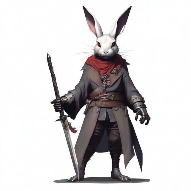 A skinny male humanoid rabbit with dark grey skin and red eyes stands against a white background