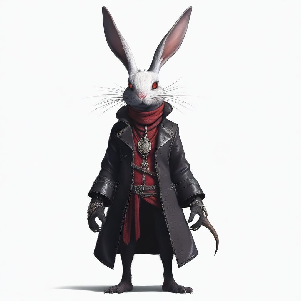 A skinny male humanoid rabbit with dark grey skin and red eyes stands against a white background