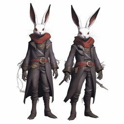 A skinny male humanoid rabbit with dark grey skin and red eyes stands against a white background