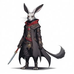 A skinny male humanoid rabbit warlock with dark grey skin and red eyes stands against a white background