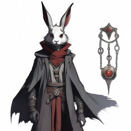 A skinny male humanoid rabbit warlock with dark grey skin and red eyes stands against a white background