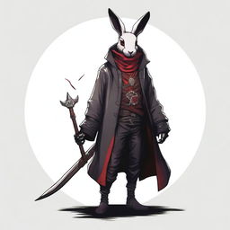 A skinny male humanoid rabbit warlock with dark grey skin and red eyes stands against a white background