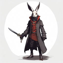 A skinny male humanoid rabbit warlock with dark grey skin and red eyes stands against a white background