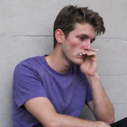 A 25-year-old man with a red rash on his face, dressed in a purple t-shirt and black pants, sitting behind a wall smoking a cigarette