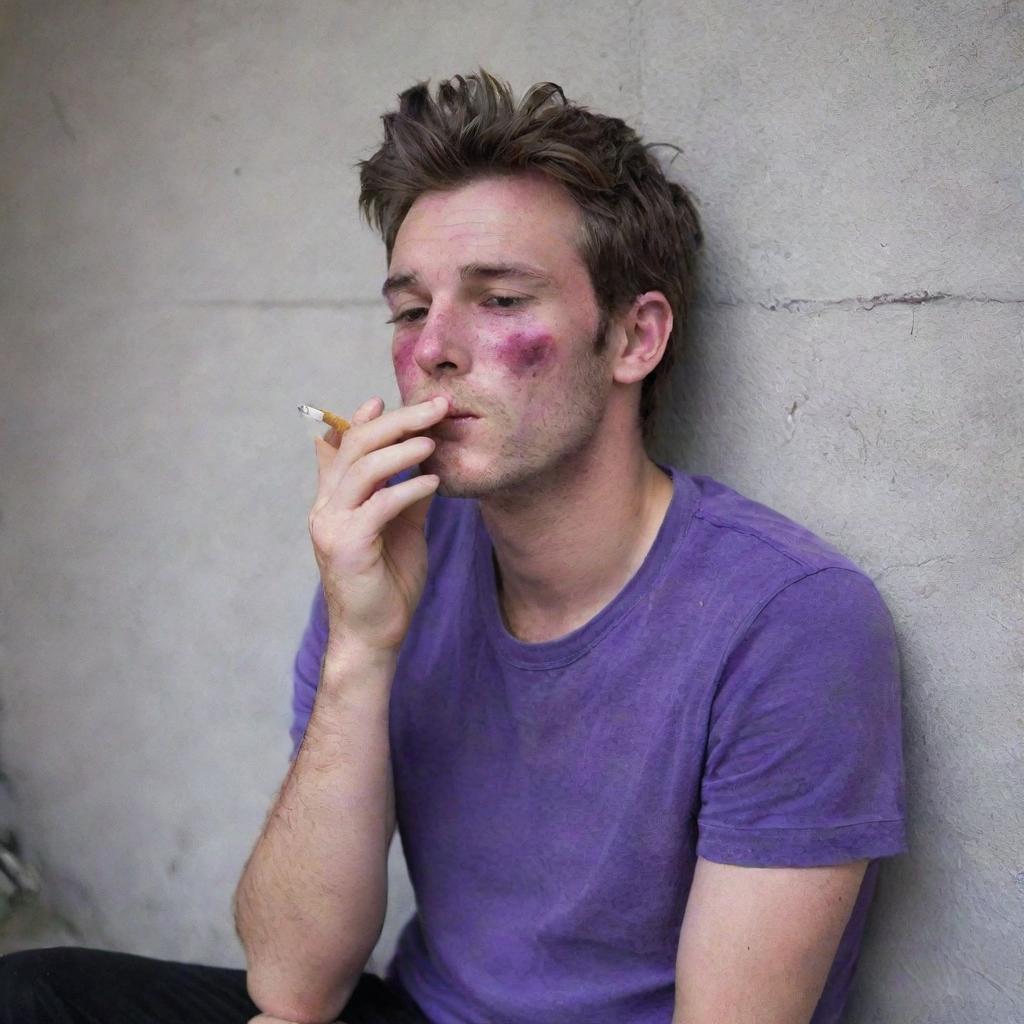 A 25-year-old man with a red rash on his face, dressed in a purple t-shirt and black pants, sitting behind a wall smoking a cigarette