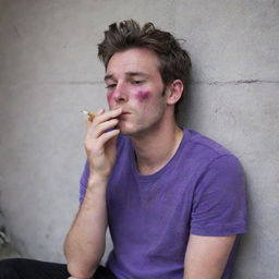 A 25-year-old man with a red rash on his face, dressed in a purple t-shirt and black pants, sitting behind a wall smoking a cigarette