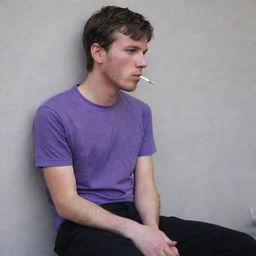 A 25-year-old man with a red rash on his face, dressed in a purple t-shirt and black pants, sitting behind a wall smoking a cigarette