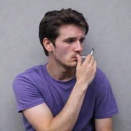 A 25-year-old man with a red rash on his face, dressed in a purple t-shirt and black pants, sitting behind a wall smoking a cigarette