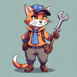 A girl Tabaxi character wearing engineer clothes and holding a large spanner