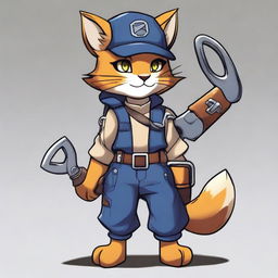 A girl Tabaxi character wearing engineer clothes and holding a large spanner