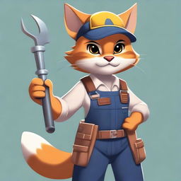 A girl Tabaxi character wearing engineer clothes and holding a large spanner