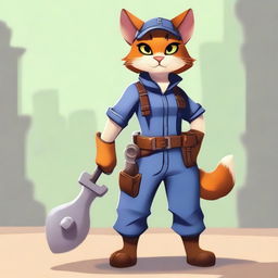 A girl Tabaxi character wearing engineer clothes and holding a large spanner