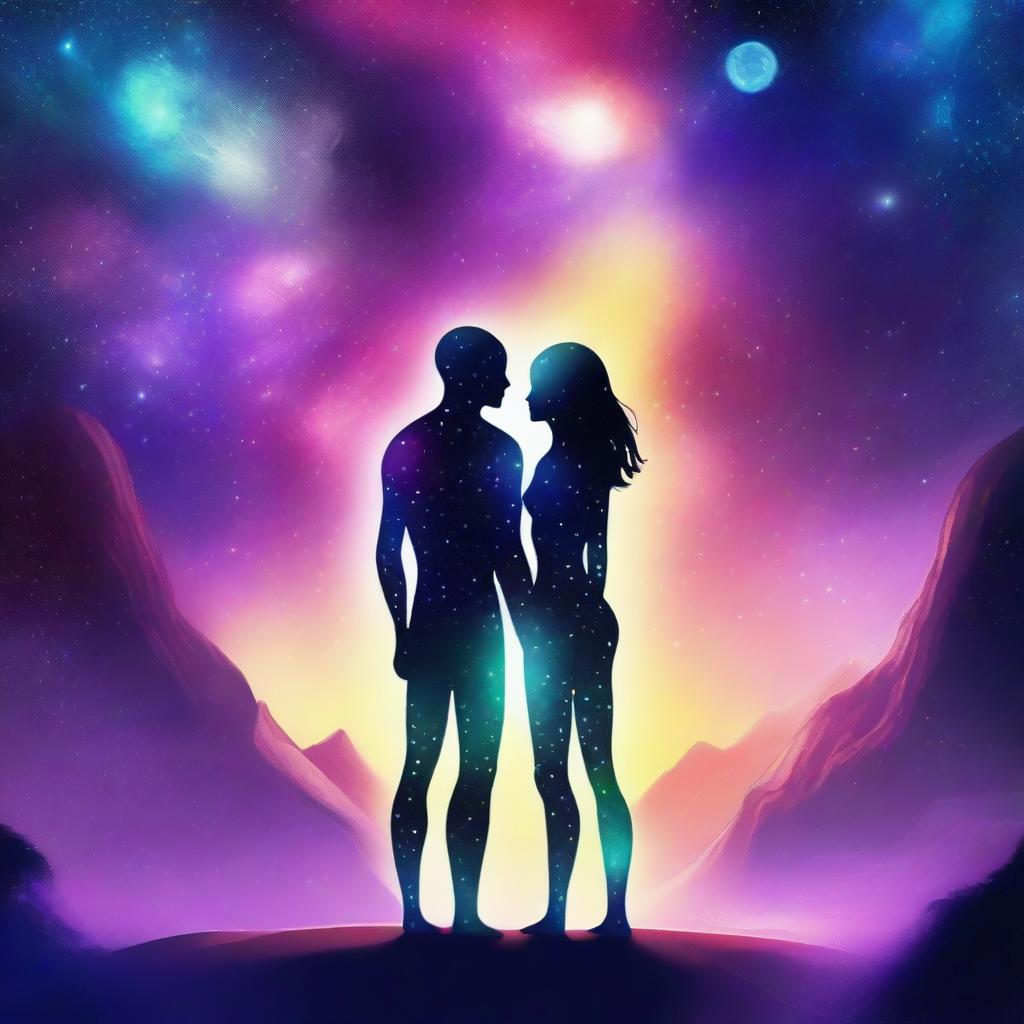 A beautiful, humanistic alien couple standing in a cosmic vista on a gorgeous planet with glittering lights flashing around them