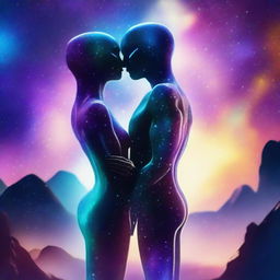 A beautiful, humanistic alien couple standing in a cosmic vista on a gorgeous planet with glittering lights flashing around them