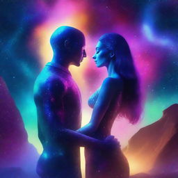 A beautiful, humanistic alien couple standing in a cosmic vista on a gorgeous planet with glittering lights flashing around them