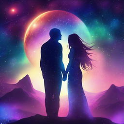 A beautiful, humanistic alien couple with long flowing hair standing in a cosmic vista on a gorgeous planet with glittering lights flashing around them