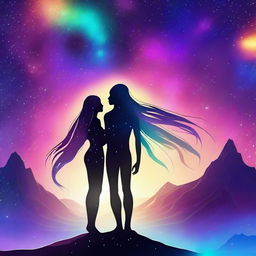 A beautiful, humanistic alien couple with long flowing hair standing in a cosmic vista on a gorgeous planet with glittering lights flashing around them