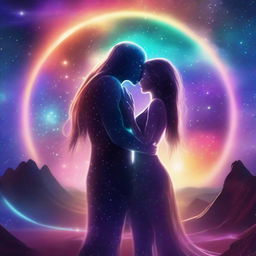 A beautiful, humanistic alien couple with long flowing hair standing in a cosmic vista on a gorgeous planet with glittering lights flashing around them