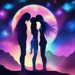 A beautiful, humanistic alien couple with long flowing hair standing in a cosmic vista on a gorgeous planet with glittering lights flashing around them