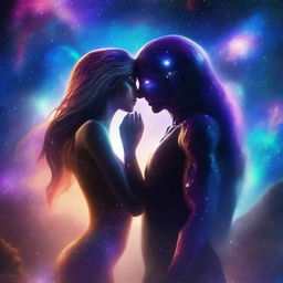 A beautiful, humanistic alien couple with long flowing hair and scant clothing standing in a cosmic vista on a gorgeous planet with glittering lights flashing around them