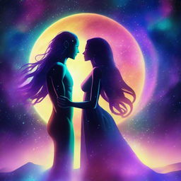 A beautiful, humanistic alien couple with long flowing hair and scant clothing standing in a cosmic vista on a gorgeous planet with glittering lights flashing around them