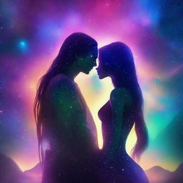 A beautiful, humanistic alien couple with long flowing hair and scant clothing standing in a cosmic vista on a gorgeous planet with glittering lights flashing around them