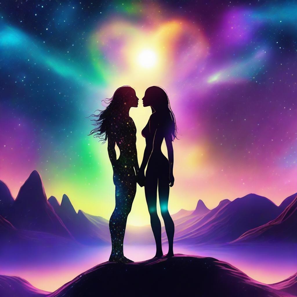 A beautiful, humanistic alien couple with long flowing hair and scant clothing standing in a cosmic vista on a gorgeous planet with glittering lights flashing around them