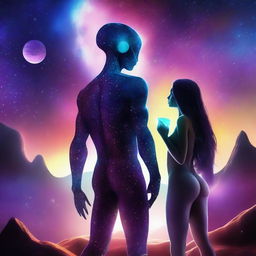 A beautiful, humanistic alien couple with long flowing hair and scant clothing standing in a cosmic vista on a gorgeous planet with glittering lights flashing around them