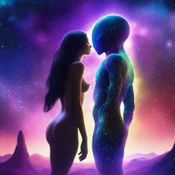 A beautiful, humanistic alien couple with long flowing hair and scant clothing standing in a cosmic vista on a gorgeous planet with glittering lights flashing around them