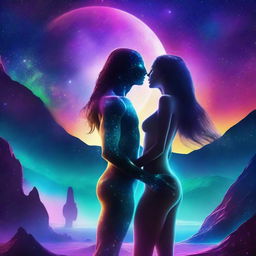 A beautiful, humanistic alien couple with long flowing hair and scant clothing standing in a cosmic vista on a gorgeous planet with glittering lights flashing around them