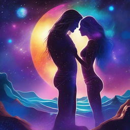 A beautiful, humanistic couple with long flowing hair and scant clothing standing in a cosmic vista on a gorgeous planet with glittering lights flashing around them