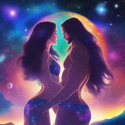 A beautiful, humanistic couple with long flowing hair and scant clothing standing in a cosmic vista on a gorgeous planet with glittering lights flashing around them