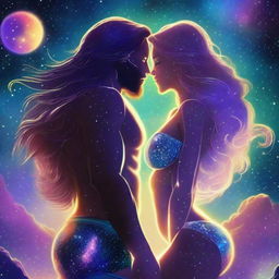 A beautiful, humanistic couple with long flowing hair and scant clothing standing in a cosmic vista on a gorgeous planet with glittering lights flashing around them