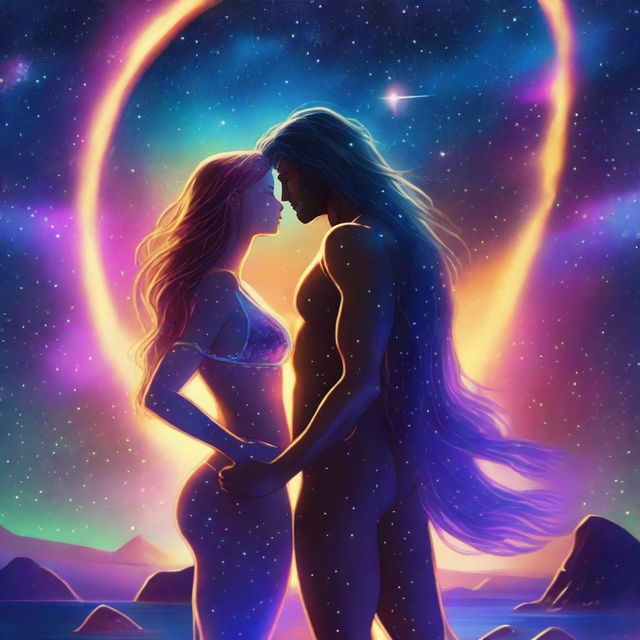 A beautiful, humanistic couple with long flowing hair and scant clothing standing in a cosmic vista on a gorgeous planet with glittering lights flashing around them