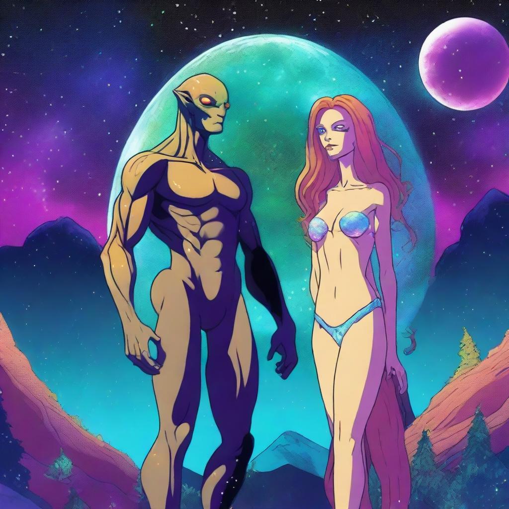 A beautiful, humanistic alien couple with long flowing hair and scant clothing standing in a cosmic vista on a gorgeous planet with a little forest in the background