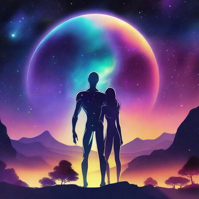 A beautiful, humanistic alien couple with long flowing hair and scant clothing standing in a cosmic vista on a gorgeous planet with a little forest in the background